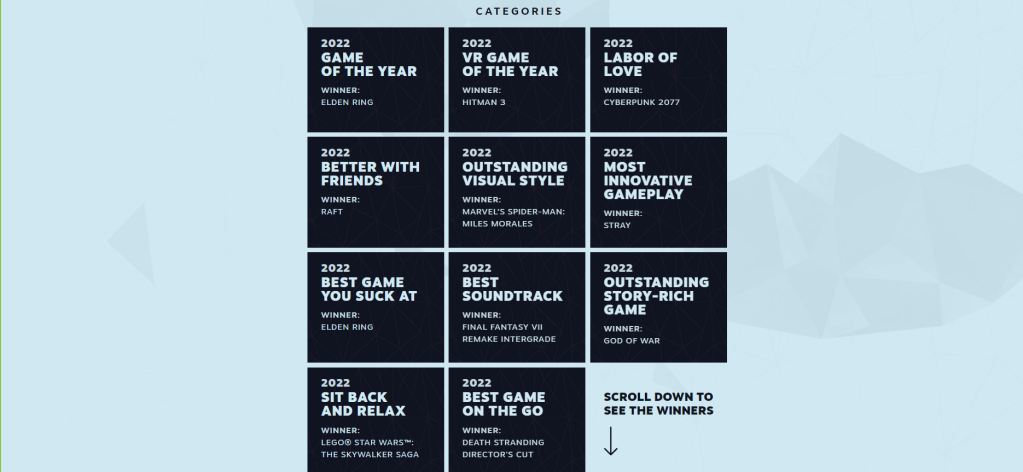 A quick look at all the categories Steam users voted on for this year's Steam Awards. Don't worry, I don't expect you to actually be able to read the winners.