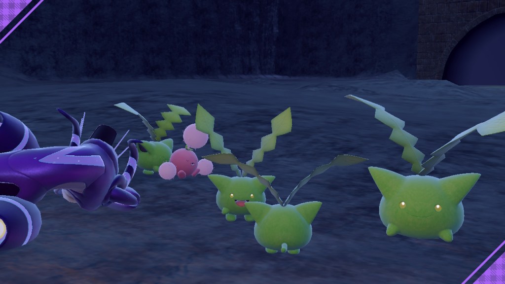 Five shiny Pokémon are hovering next to Miraidon as it sleeps. All of them are shiny, but not all of them are needed for my goals. I just ended up with a few repeat shiny Pokémon on this journey is all.